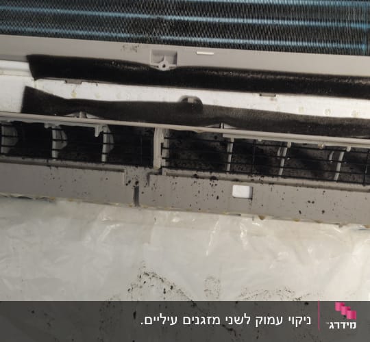 יחידת מיזוג אוויר מלוכלכת עם לכלוך על הסנפירים